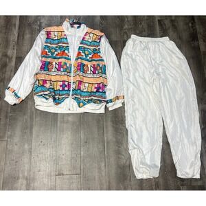 Laura Katherine Tracksuit Womens M Set White Geometric 90s Windbreaker Nylon